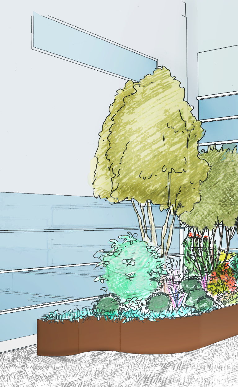 Croquis d’ambiance en 3 parties en couleur technique mixte d’un dossier de présentation de projet extérieur avec des arbres dans une grande jardinière en corten