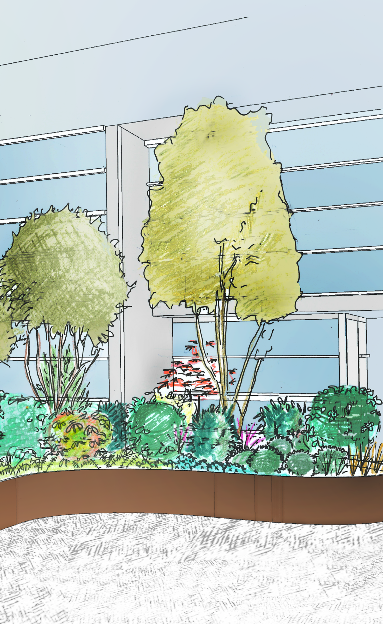 Croquis d’ambiance en 3 parties en couleur technique mixte d’un dossier de présentation de projet extérieur avec des arbres dans une grande jardinière en corten
