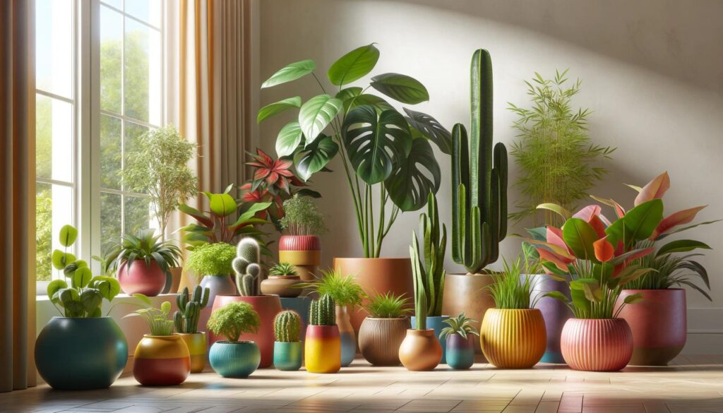 Un paysagiste d'intérieur pour choisir ses plantes dans des pots colorés. Les plantes comprennent un philodendron verdoyant, un ficus grand et feuillu, un palmier Kentia majestueux, des tiges de bambou élancées et un cactus épineux.
