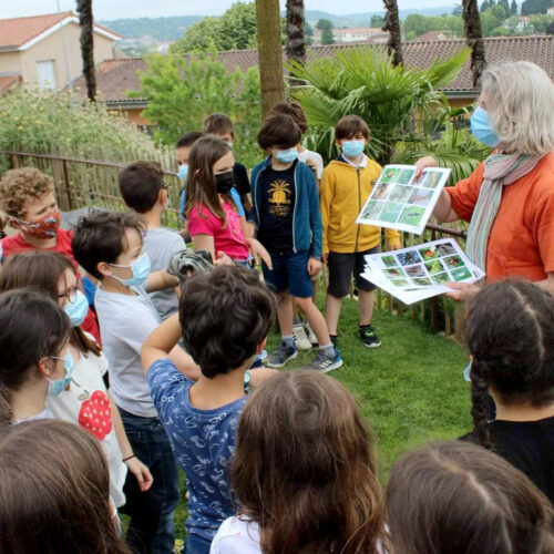 Image d’ enfants de 7-8 ans autour de Mme Muhlberger edith qui leur montrent des planches de reconnaissance des insectes lors d’une journée de formation la ville d’Auch